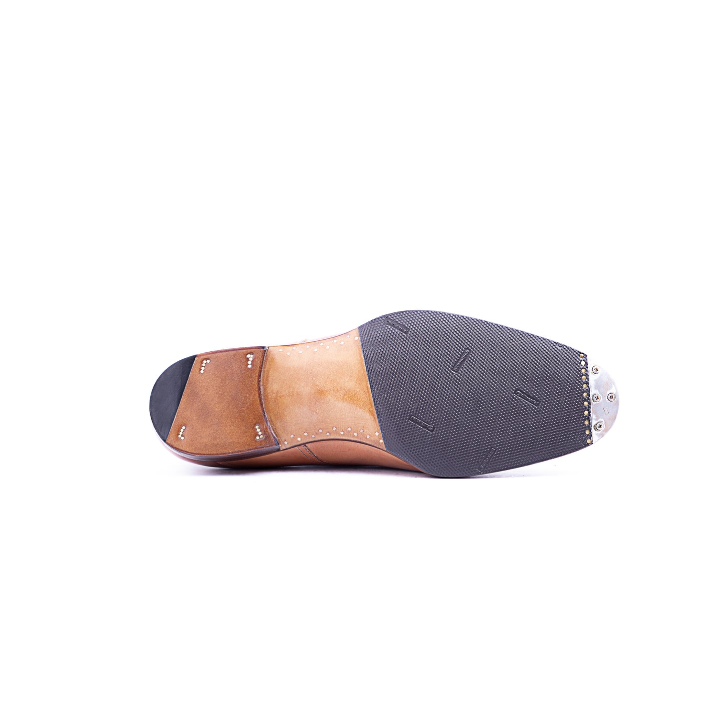 Saddle Derby with hand-stitched Norwegian apron in light brown Cordovan