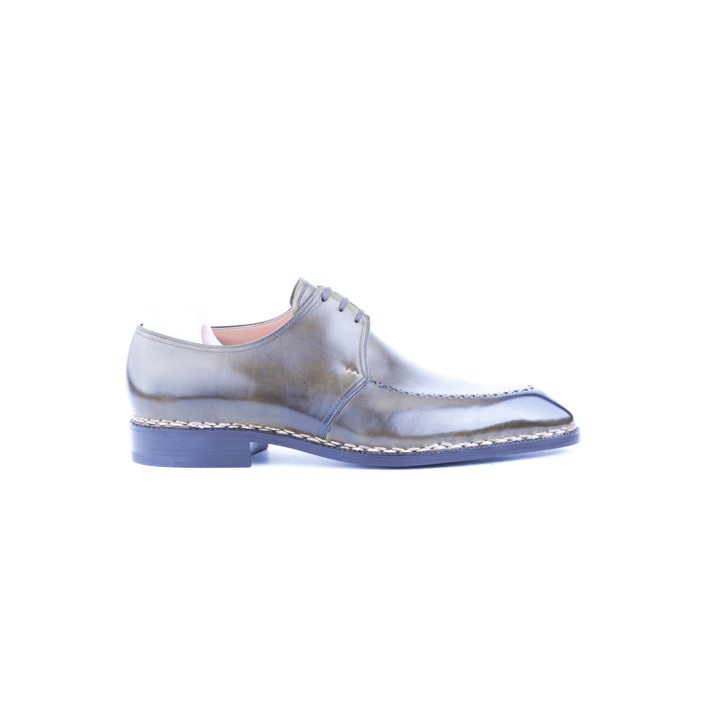 Three eyelet Derby with brogued apron in antique olive green crust calf leather