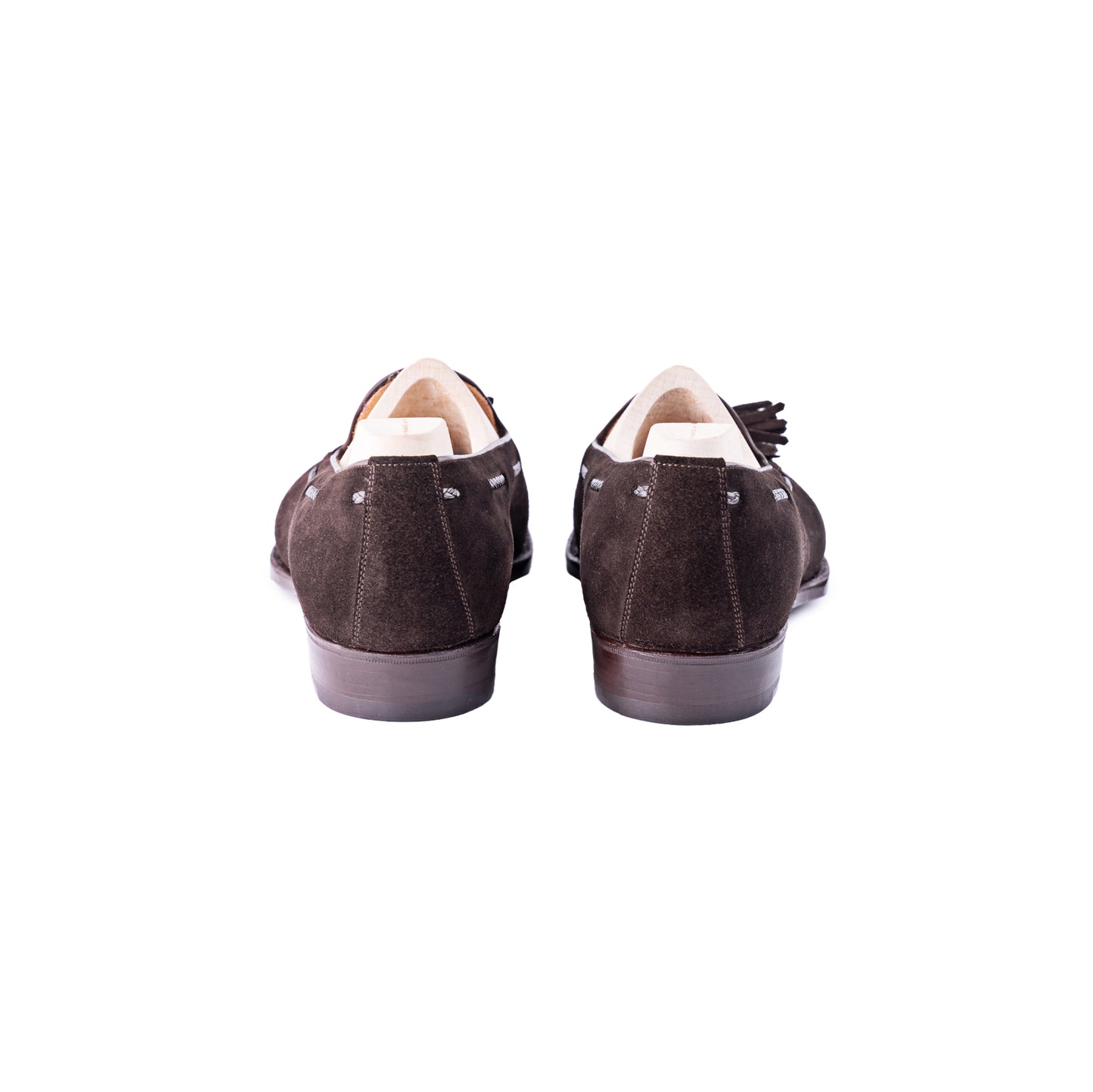 Tassel loafer with hand stitched apron in dark brown Hunting suede leather
