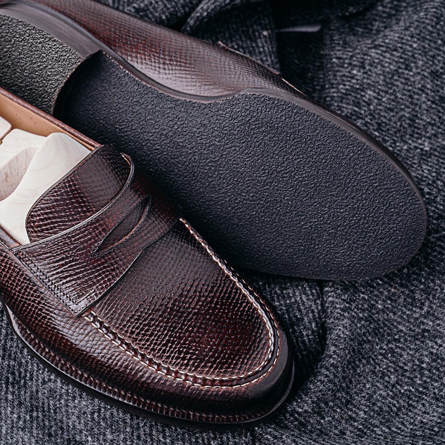 American Penny Loafer with hand stitched apron on Dock last