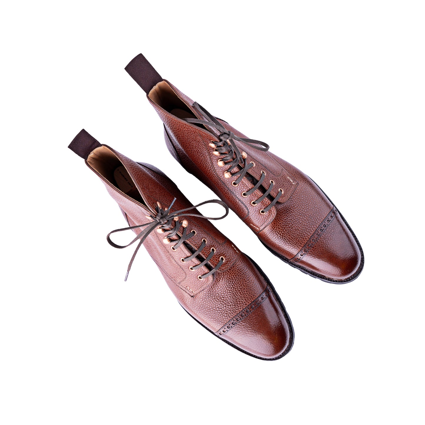 Derby ankle boots with brogued toe cap in Cognac Scotch grain leather