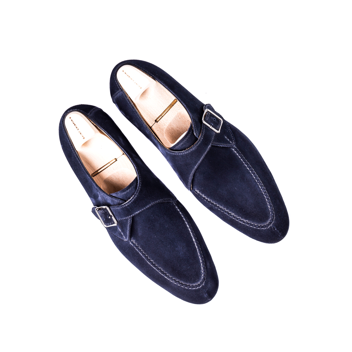 Single buckle Monk with hand stitched apron, dark blue suede