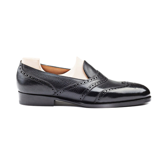 Loafer with gimped and brogued lines in black Russian calf