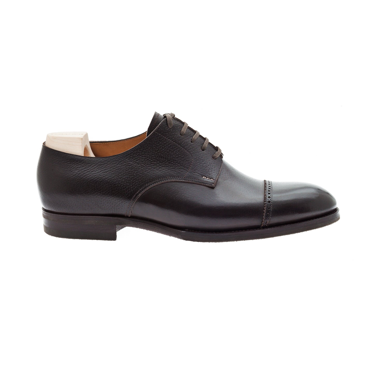 Five eyelet Derby with brogued, straight toe cap in dark brown Inca grain leather