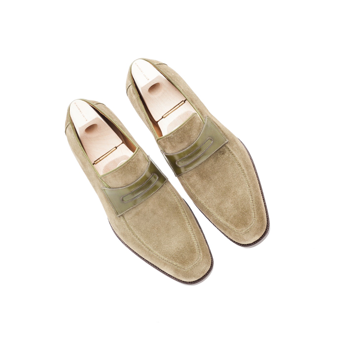 Penny Loafer with hand stitched apron in military green Janus calf