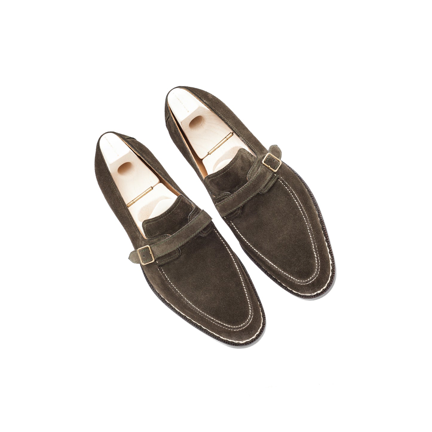 Monk loafer with hand-stitched apron in dark Military green suede leather
