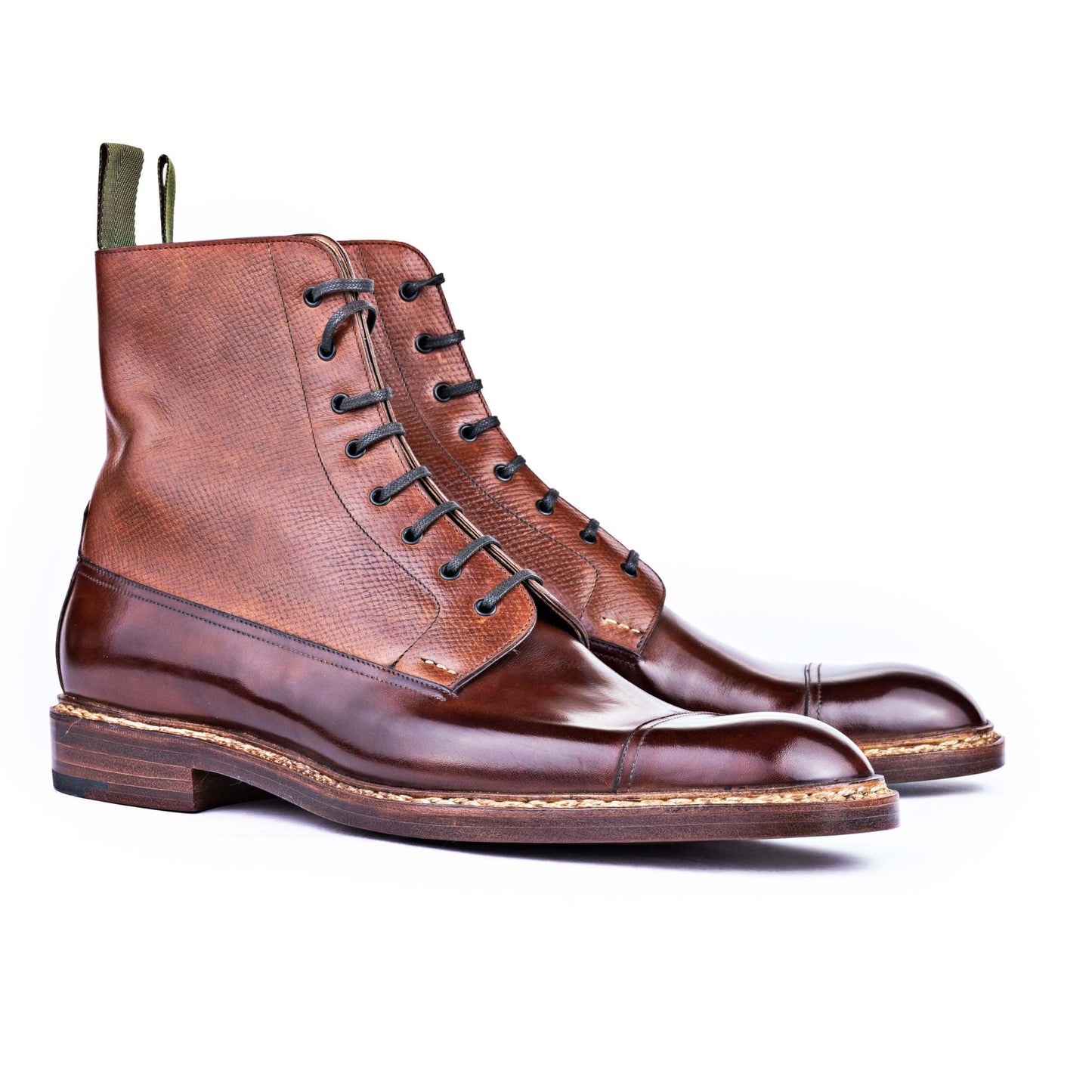 High Cut Derby Boots with straight toe cap in a mid brown calf-grain combo