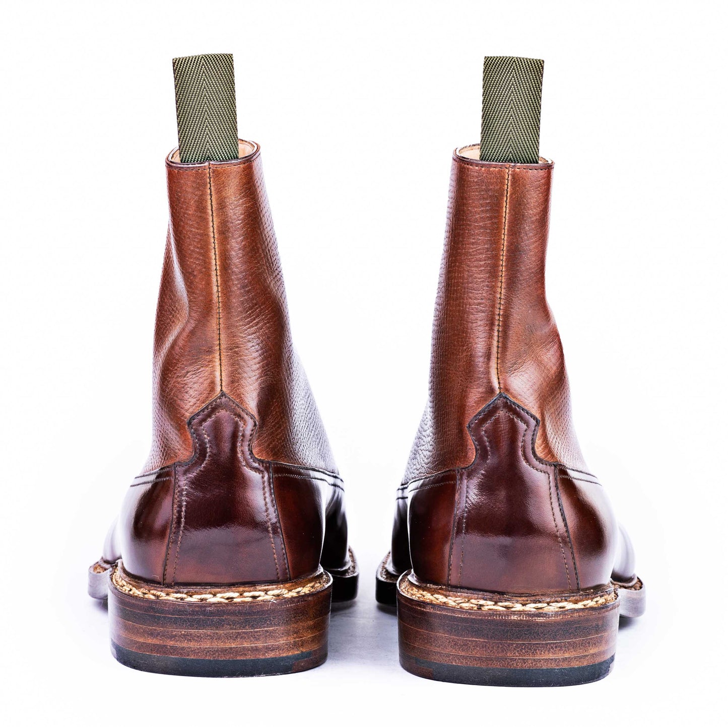 High Cut Derby Boots with straight toe cap in a mid brown calf-grain combo
