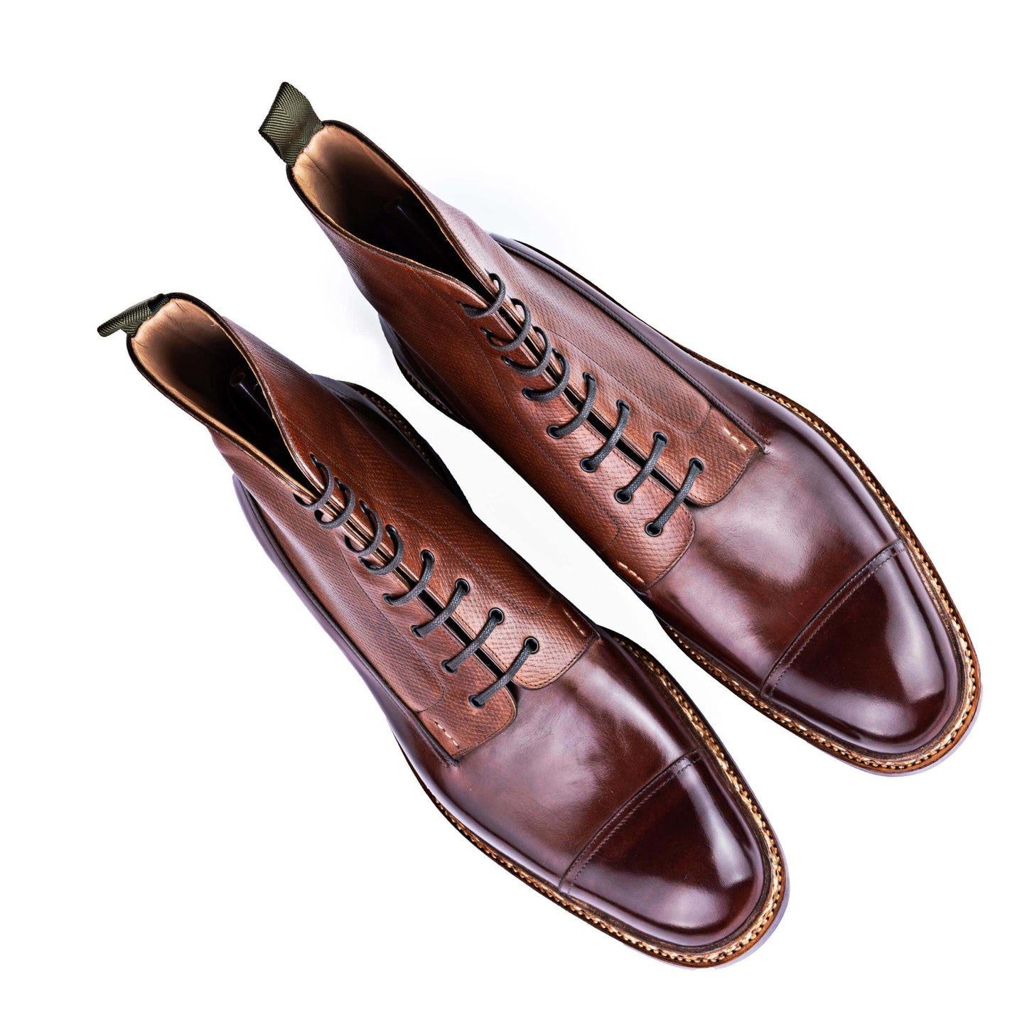 High Cut Derby Boots with straight toe cap in a mid brown calf-grain combo