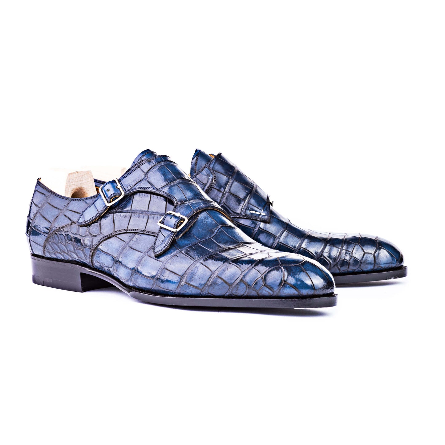 Double buckle monk in Alligator, navy blue