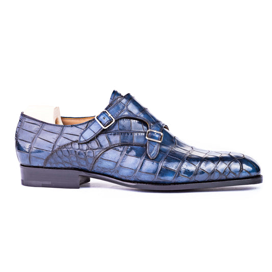 Double buckle monk in Alligator, navy blue