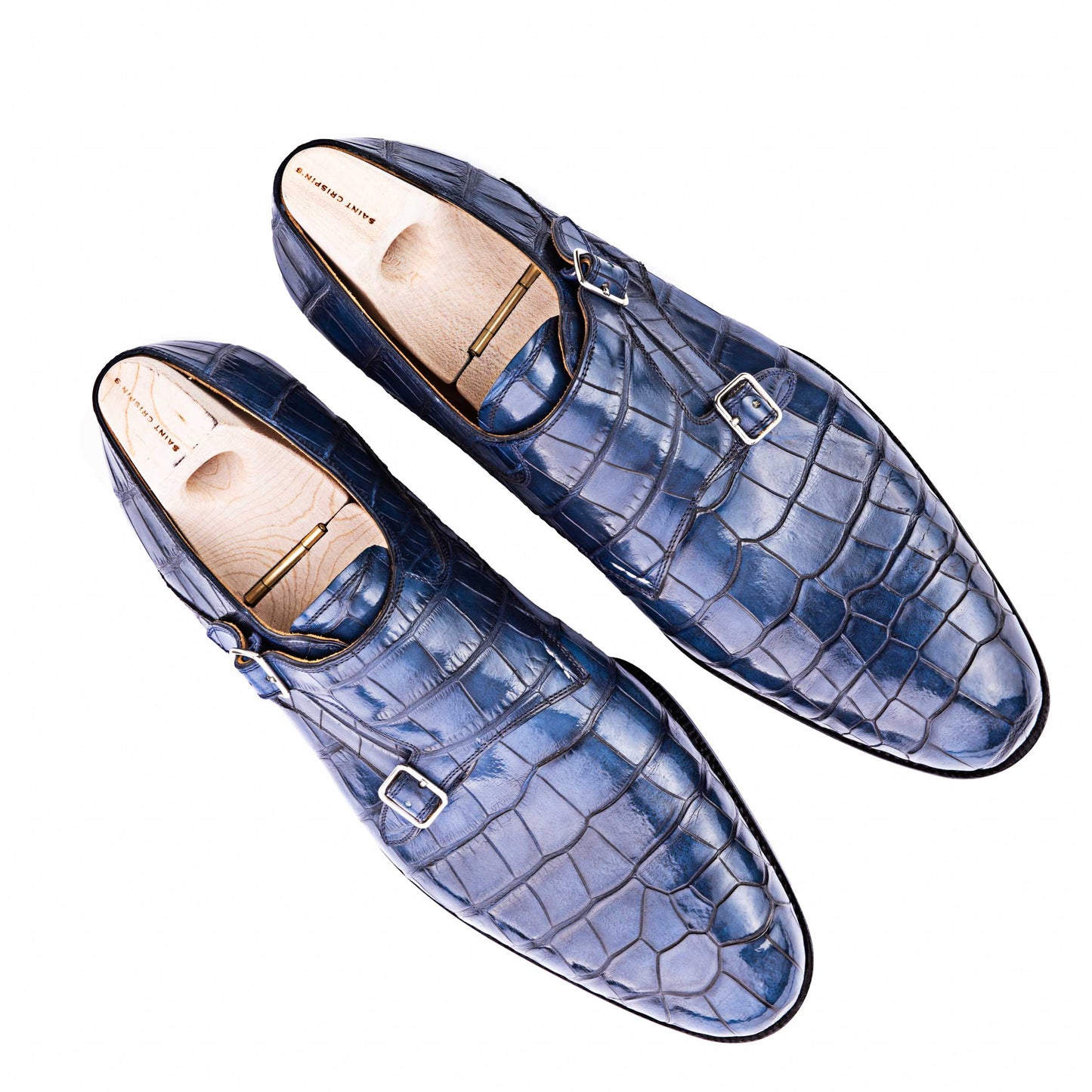 Double buckle monk in Alligator, navy blue
