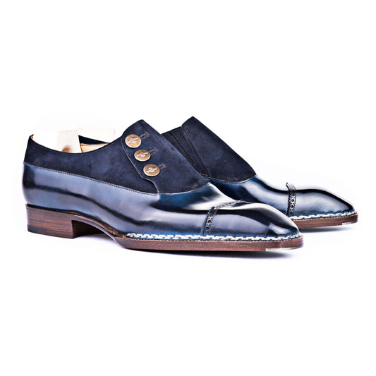 Button shoe in dark blue suede and crust calf leather
