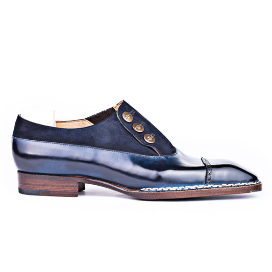 Button shoe in dark blue suede and crust calf leather