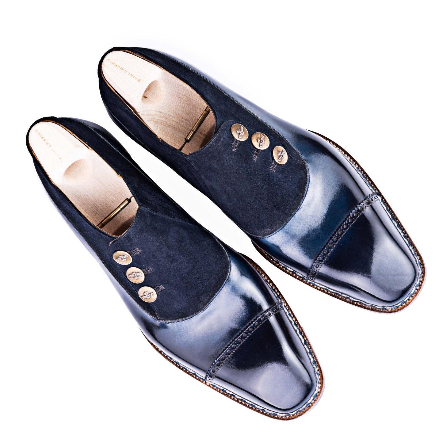 Button shoe in dark blue suede and crust calf leather