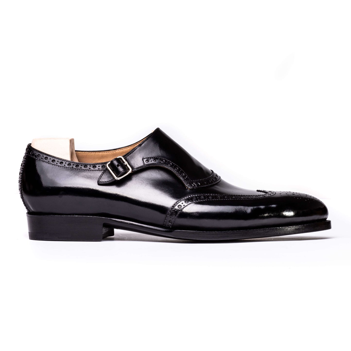 Long wing tip single buckle Monk with topline brogueing