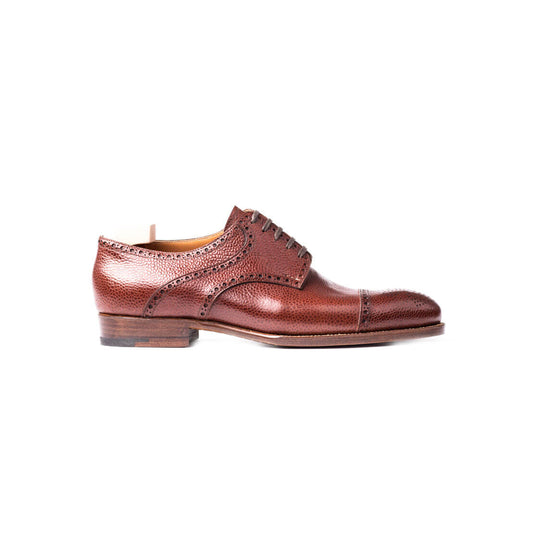 Half brogue Saddle Derby in mid brown Scotch grain leather