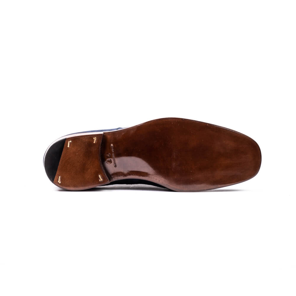 Five eyelet Derby in dark blue Janus Calf with copper eyelets