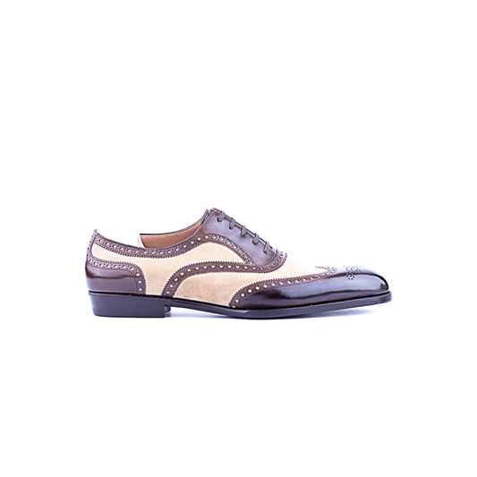 Oxford in leather and canvas, full brogueing, cuban heel