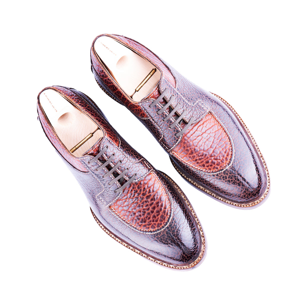 Split toe derby, fully handstitched, Norwegian sewn apron with juncture stitched split toe