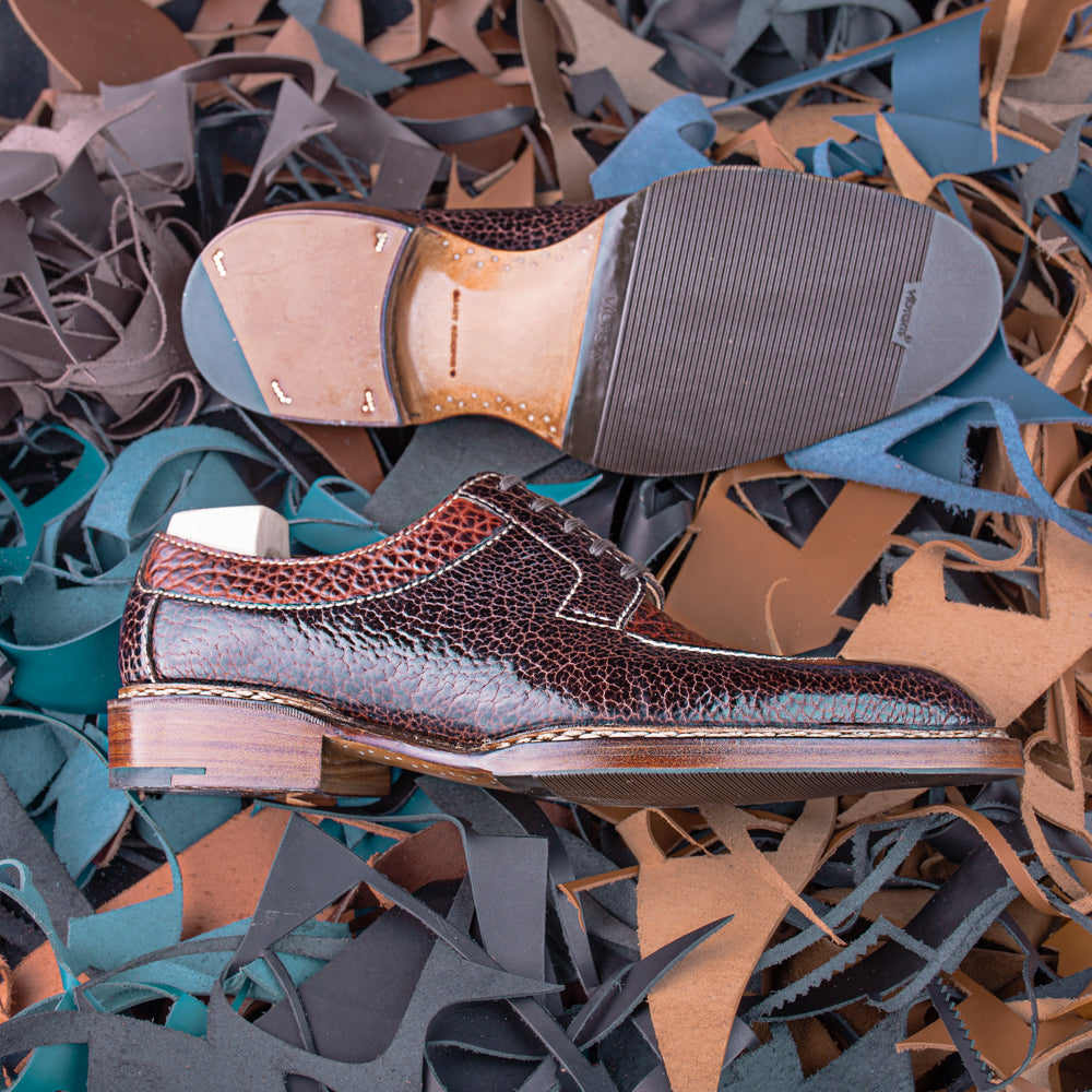 Split toe derby, fully handstitched, Norwegian sewn apron with juncture stitched split toe