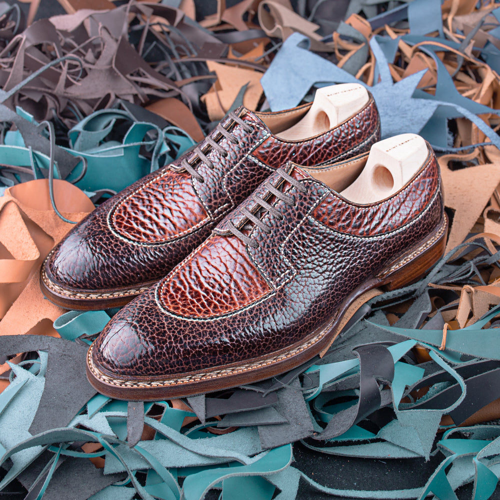 Split toe derby, fully handstitched, Norwegian sewn apron with juncture stitched split toe