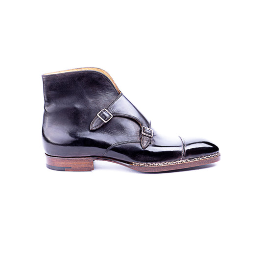Double buckle monk boot with hand sewn straight tip