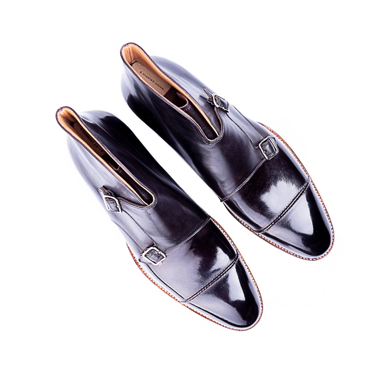 Double buckle monk boot with hand sewn straight tip