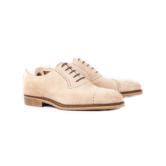 Diamond cap toe Oxford with medallion in sand beige suede - 9F