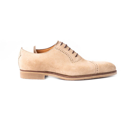 Diamond cap toe Oxford with medallion in sand beige suede - 9F