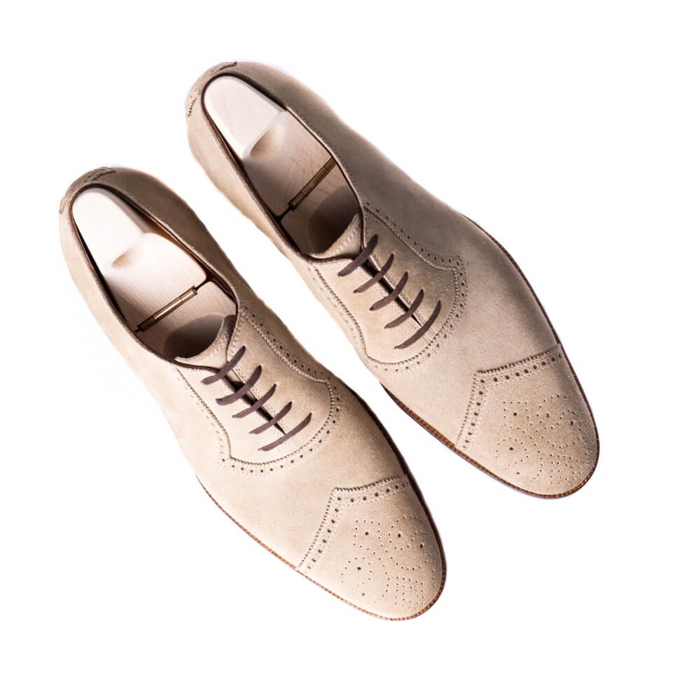 Diamond cap toe Oxford with medallion in sand beige suede - 9F