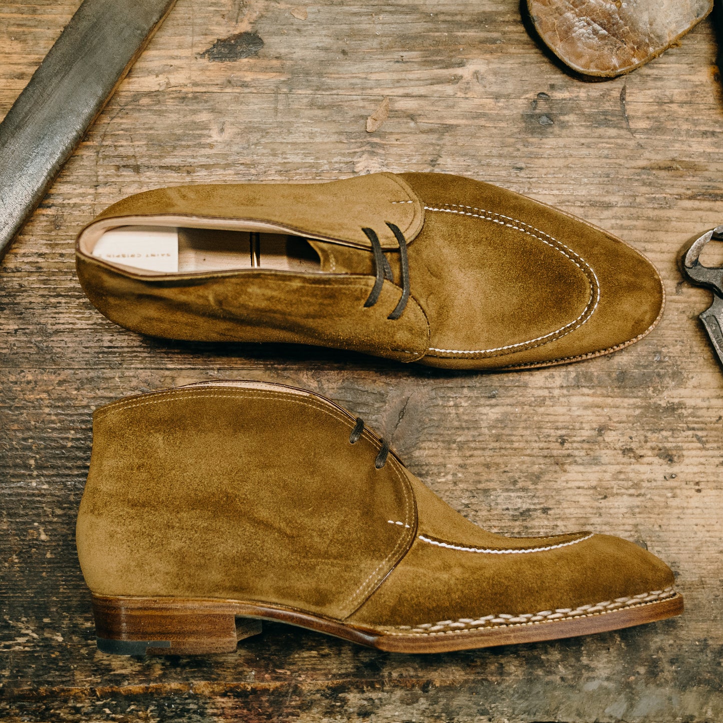 Chukka boots with handstitched Norwegian apron