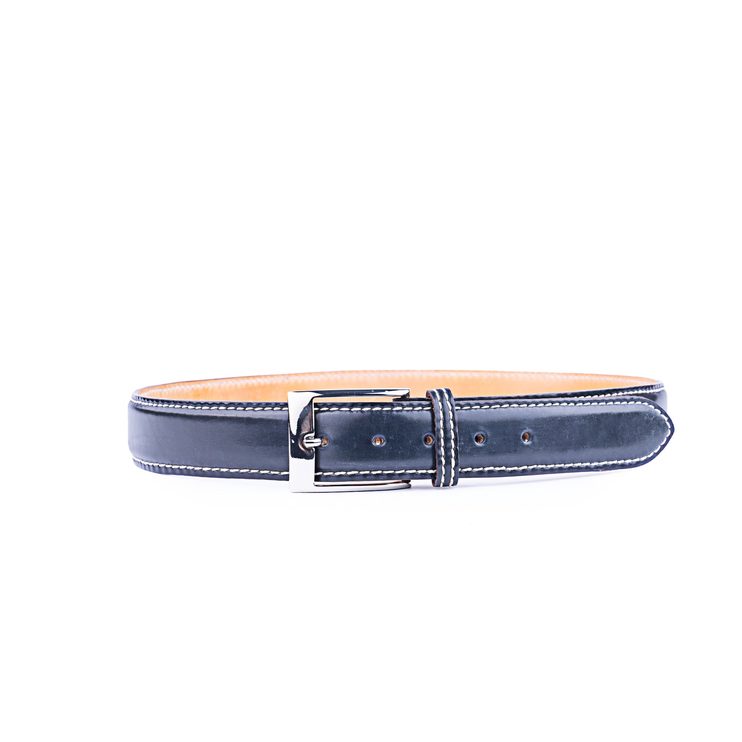 Dark Blue Cordovan leather Nickle Buckle Belt, with hand stitched edge