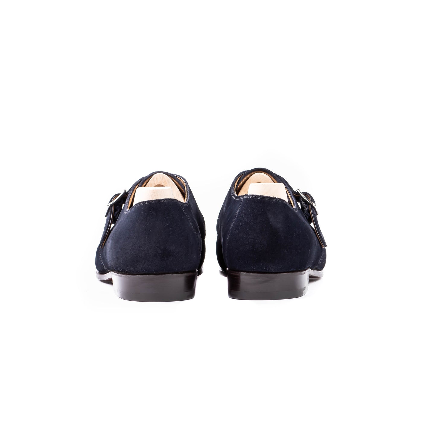 Single buckle Monk with hand stitched apron, dark blue suede - 8.5F