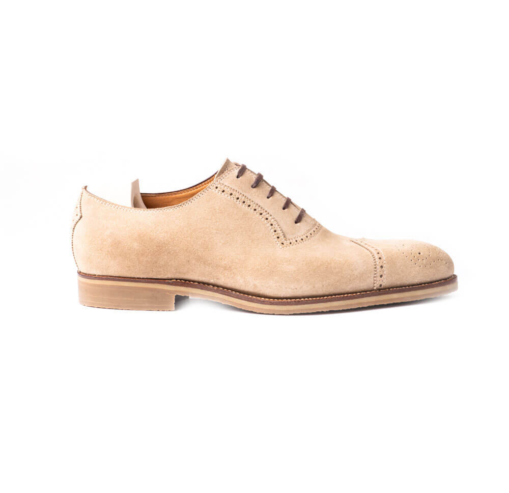 Diamond cap toe Oxford with medallion in sand beige suede