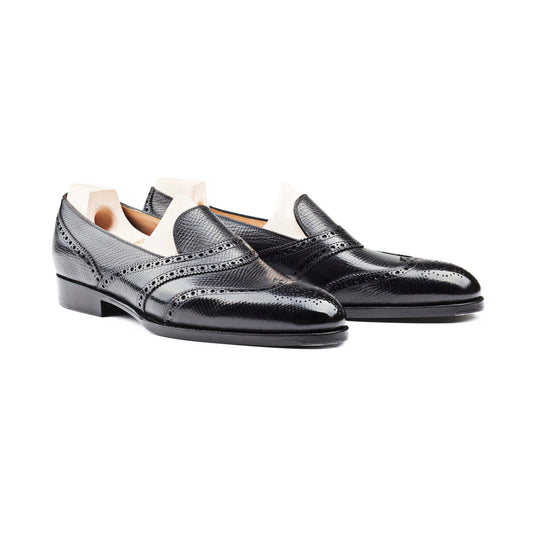 Loafer with gimped and brogued lines in black Russian calf
