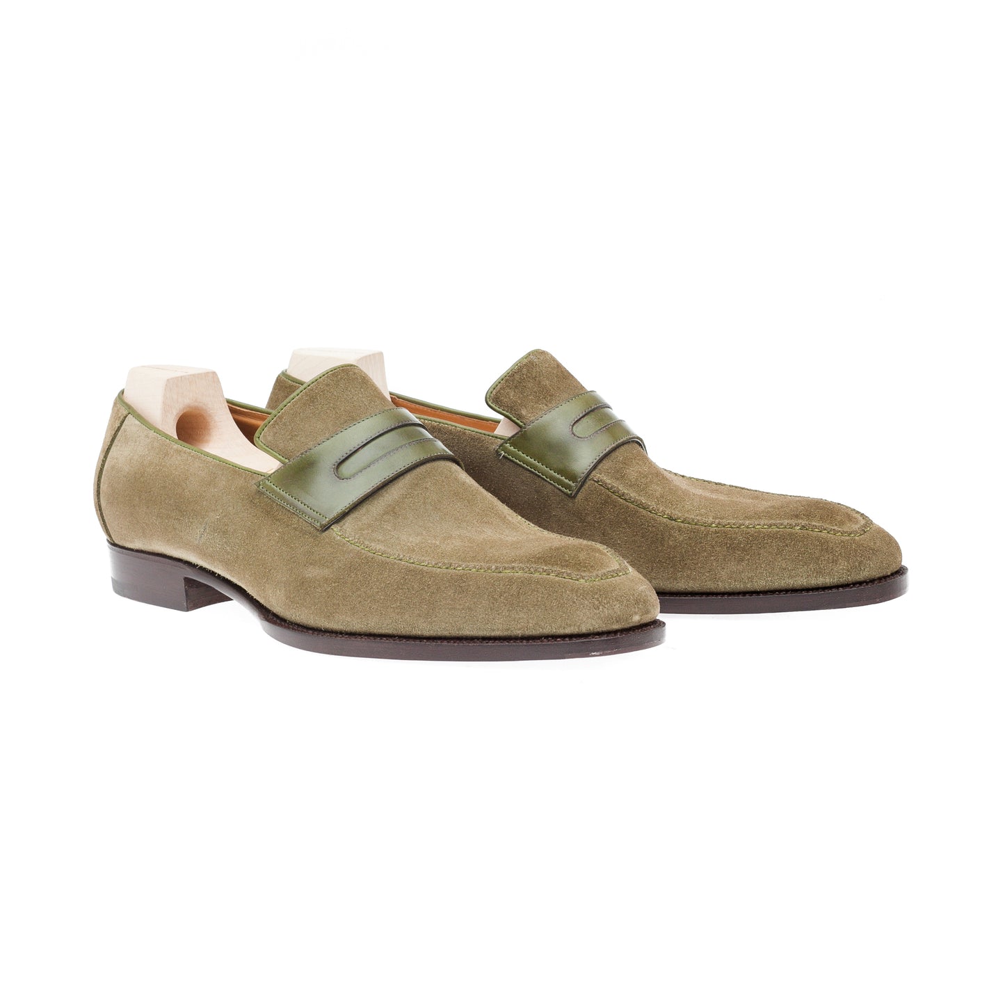 Penny Loafer with hand stitched apron in military green Janus calf