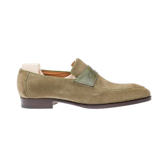 Penny Loafer with hand stitched apron in military green Janus calf
