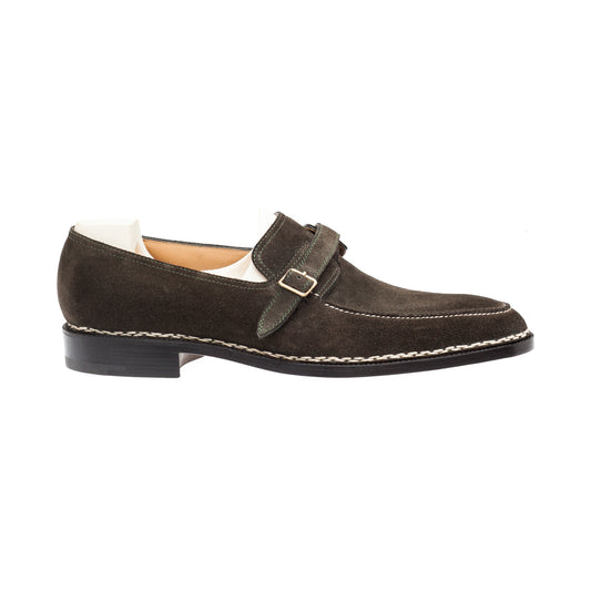 Monk loafer with hand-stitched apron in dark Military green suede leather