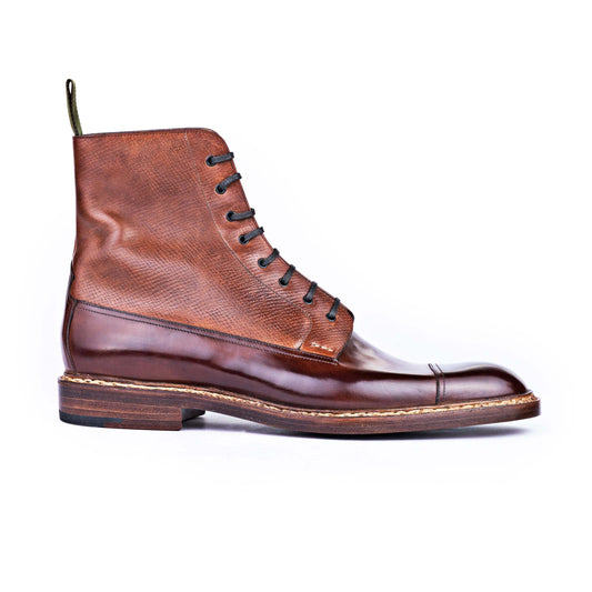 High Cut Derby Boots with straight toe cap in a mid brown calf-grain combo