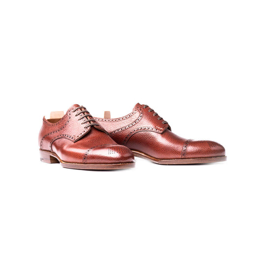 Half brogue Saddle Derby in mid brown Scotch grain leather
