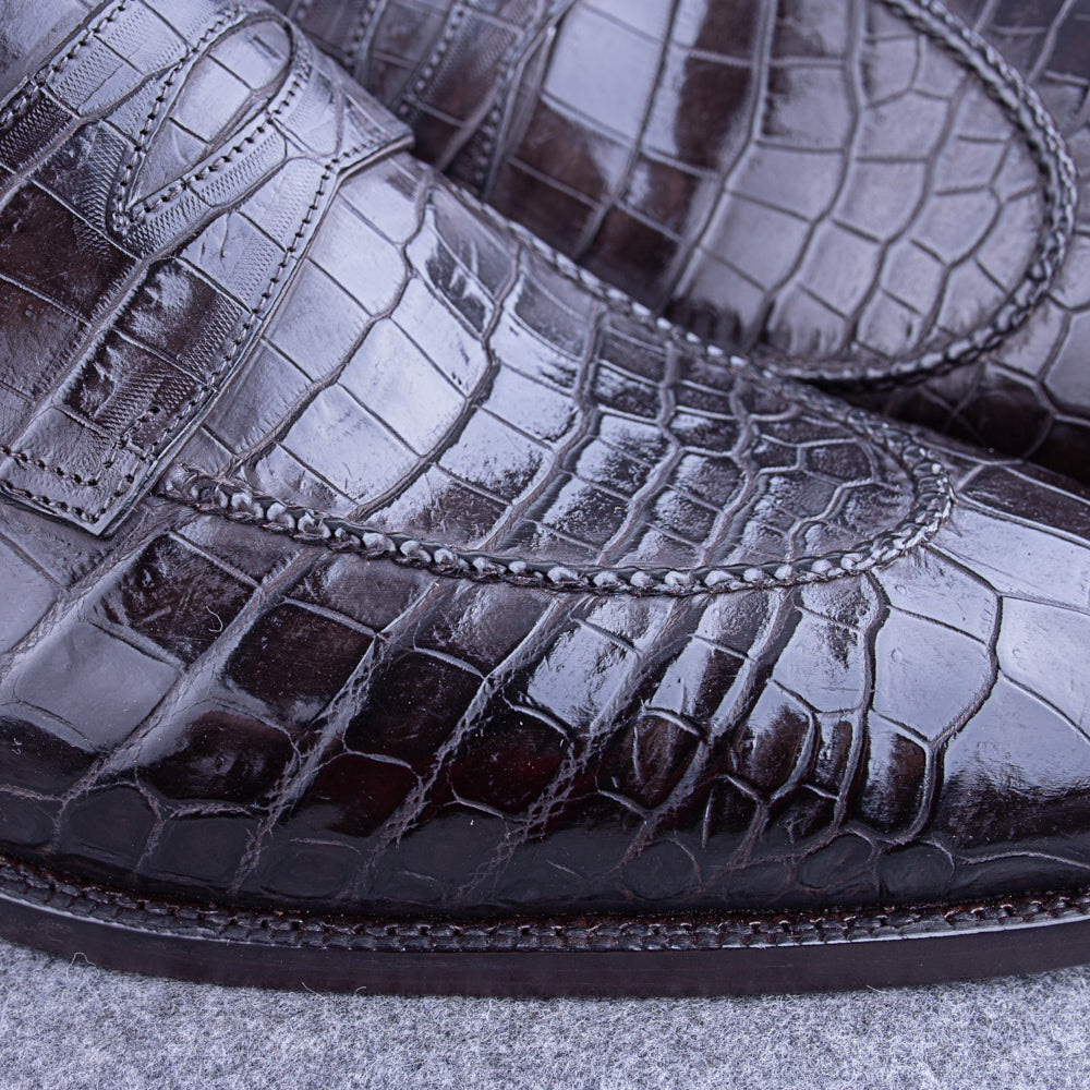 Classic Penny Loafer with hand stitched apron in dark brown Alligator