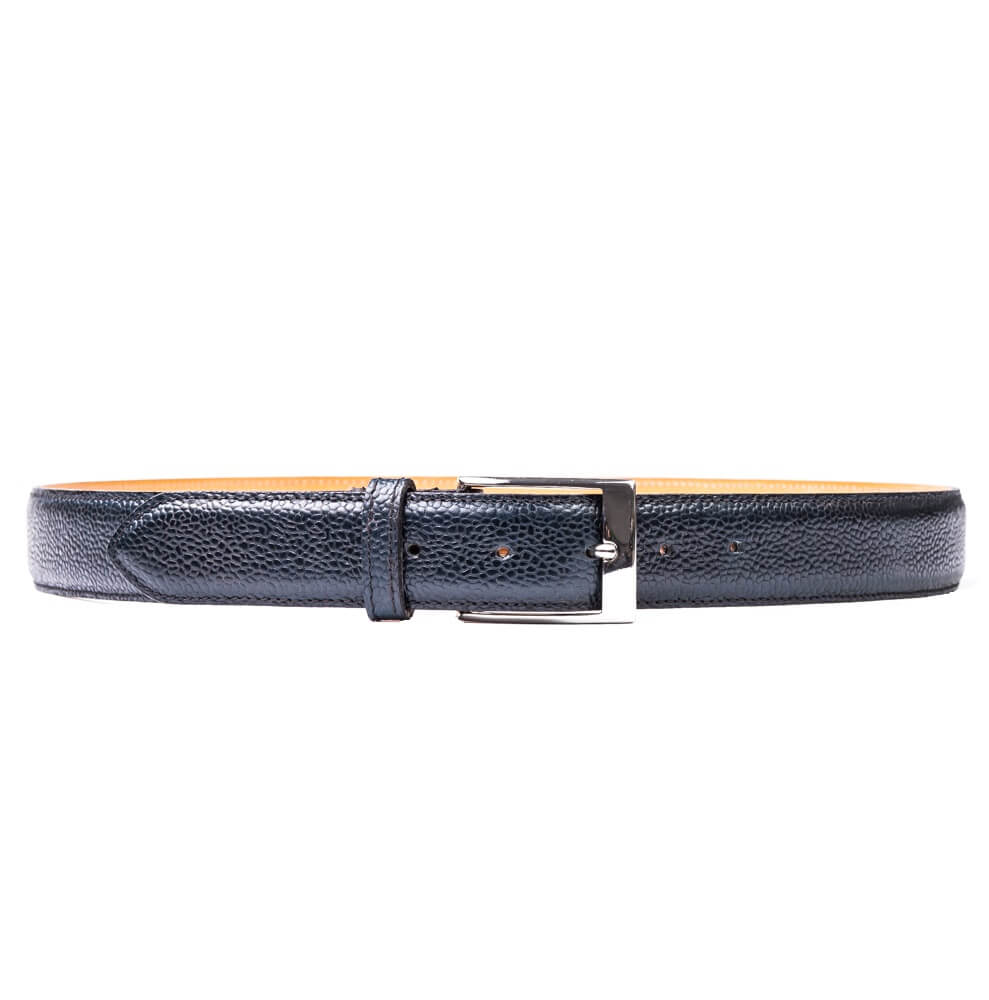 Blue Scotchgrain leather Nickle Buckle Belt, with machine stitched edge